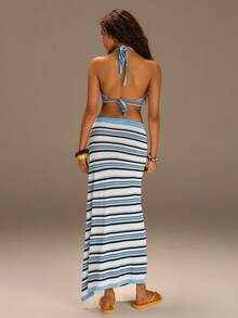 Athîral Women's Casual Vacation Knitted Blue Striped 2 Pieces Set - Blue and White - View 2