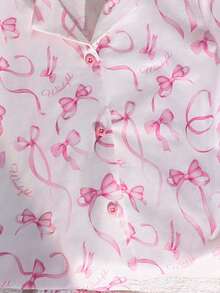 SHEIN Bộ đồ mặc nhà 2 món cho bé gái: áo khoác cardigan cổ bẻ và quần short đan họa tiết nơ. - Nhiều màu - Xem 10