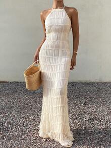 DAZY Đầm cổ yếm buộc dây kiểu dáng nghỉ dưỡng cho nữ, trang phục du lịch biển cho nữ mùa hè - trắng - Xem 2