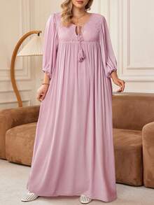 SHEIN CURVE+ Plus Size Solid Long Sleeve Casual Dress, Simple & Fashionable For Everyday Wear,Beach Dress Sundress,Holiday Outfits Boho - Pink - View 7