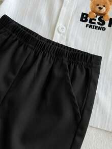 SHEIN Playful Pals 6-36个月男女宝宝两件套，男宝宝卡其色条纹小熊印花短袖衬衫+纯色弹力腰短裤，春夏儿童休闲套装，适合6个月至3岁宝宝。 - 黑與白 - 查看 3