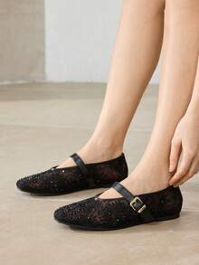MOTF PREMIUM RHINESTONE DETAIL BALLET FLATS - Black mesh yarn - View 6