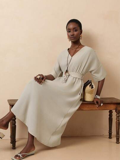 Vesra 女士纯色V领七分袖优雅连衣裙