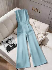 GlowEve Bộ áo liền quần không tay màu trắng thanh lịch kiểu Pháp, quần ống rộng dáng suông thời trang mùa hè, thích hợp cho các hoạt động thường ngày, lễ tốt nghiệp và lễ hội. - Màu xanh lam - Xem 2