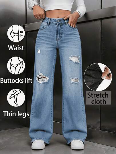 Pantalones de mezclilla rectos sueltos azules con bolsillos, lavados, estilo casual para mujer, vaqueros casuales sueltos rectos para mujer