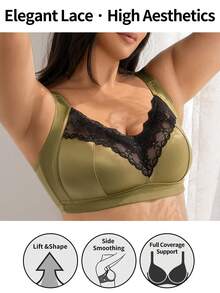 1pc Glossy Lace Patchwork Full Coverage Women's Bra - Army Green - View 3
