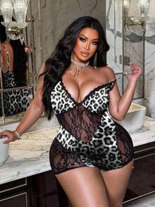 NU&NOW Plus Size Women Leopard Lace Sexy Date Night Romper Leopard Print Lingerie Bodysuits For Women - Black and White - View 1
