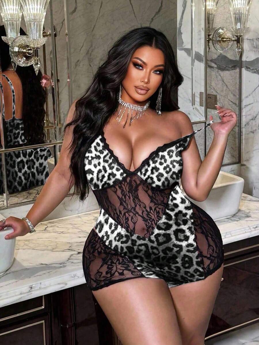 NU&NOW Plus Size Women Leopard Lace Sexy Date Night Romper Leopard Print Lingerie Bodysuits For Women - Black and White - View 1