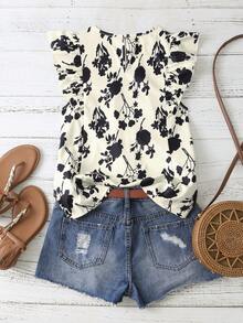 EMERY ROSE 女士夏季新款圆领褶皱设计休闲度假印花短袖衬衫 - 杏色 - 查看 2