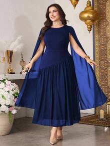 Modelyn Elegant Solid Color Round Neck Extra Long Sleeve Fitted Chiffon Patchwork Maxi Dress, Spring/Autumn, Plus Size - Navy Blue - View 4