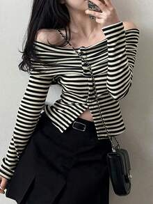 DAZY Women Stripe Off-Shoulder Fitted Long Sleeve T-Shirt, Spring/Summer,Fall Clothes Cute Tops - Black and White - View 4