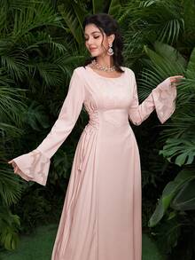 Al Najma Jacquard Splice Tie-Up Design Waist Cinching Round Neck Flare Sleeve Elegant Party Dress - Pink - View 5