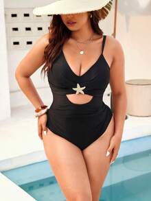Swim Vcay Maiô elegante de uma peça para mulheres plus size com joias em ouro maciço. - Preto - Ver 1