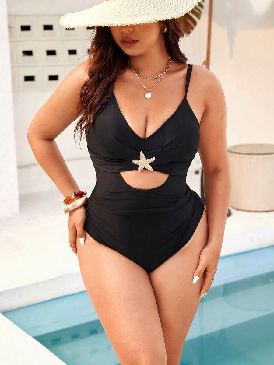 Swim Vcay Maiô elegante de uma peça para mulheres plus size com joias em ouro maciço. - Preto - Ver 1