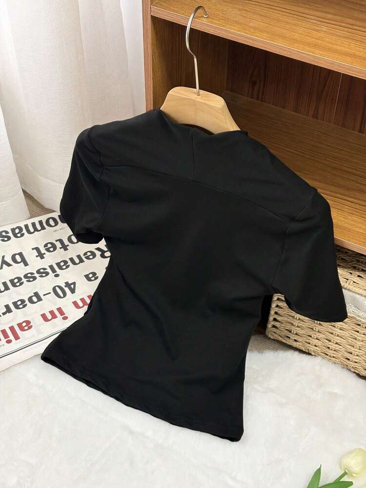 Women's Solid Color Mesh Patchwork Slim Fit Short Sleeve T-Shirt, Black Top For Spring/Summer Going Out Tops Women Cute Tops