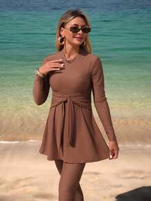 Swim Shayni 2026 Summer NEW Women's Summer Solid Brown 2pcs/Set Long Sleeve Cinching Waist Burkini Beach Vacation, Pool Party, Beach PartyBeach Outfits, Music Festival Outfits, Vacation Outfits, Seaside Dates, Holiday Outfits, Sexy, Elegant, Casual Outfits, Beach Party Outfits, Pool Party Outfits - Brown - View 3