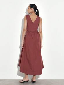 KSTM Women's V-Neck Sleeveless A-Line Midi Dress With Belt Detail And High Low Hem Perfect For Events And Special Occasions - Redwood - View 2