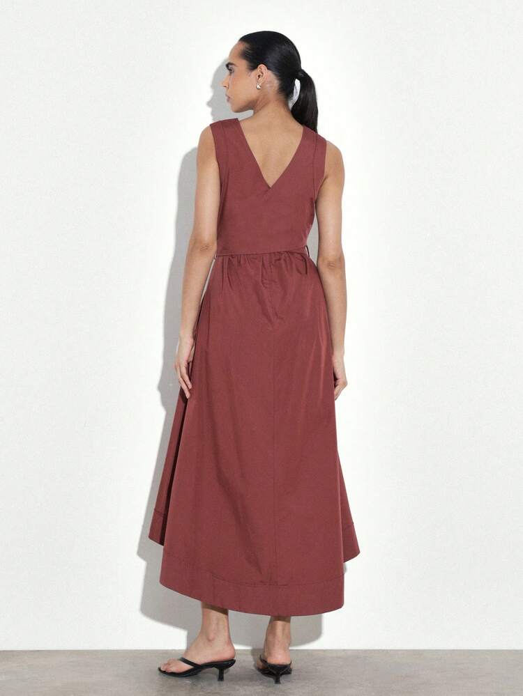 KSTM Women's V-Neck Sleeveless A-Line Midi Dress With Belt Detail And High Low Hem Perfect For Events And Special Occasions