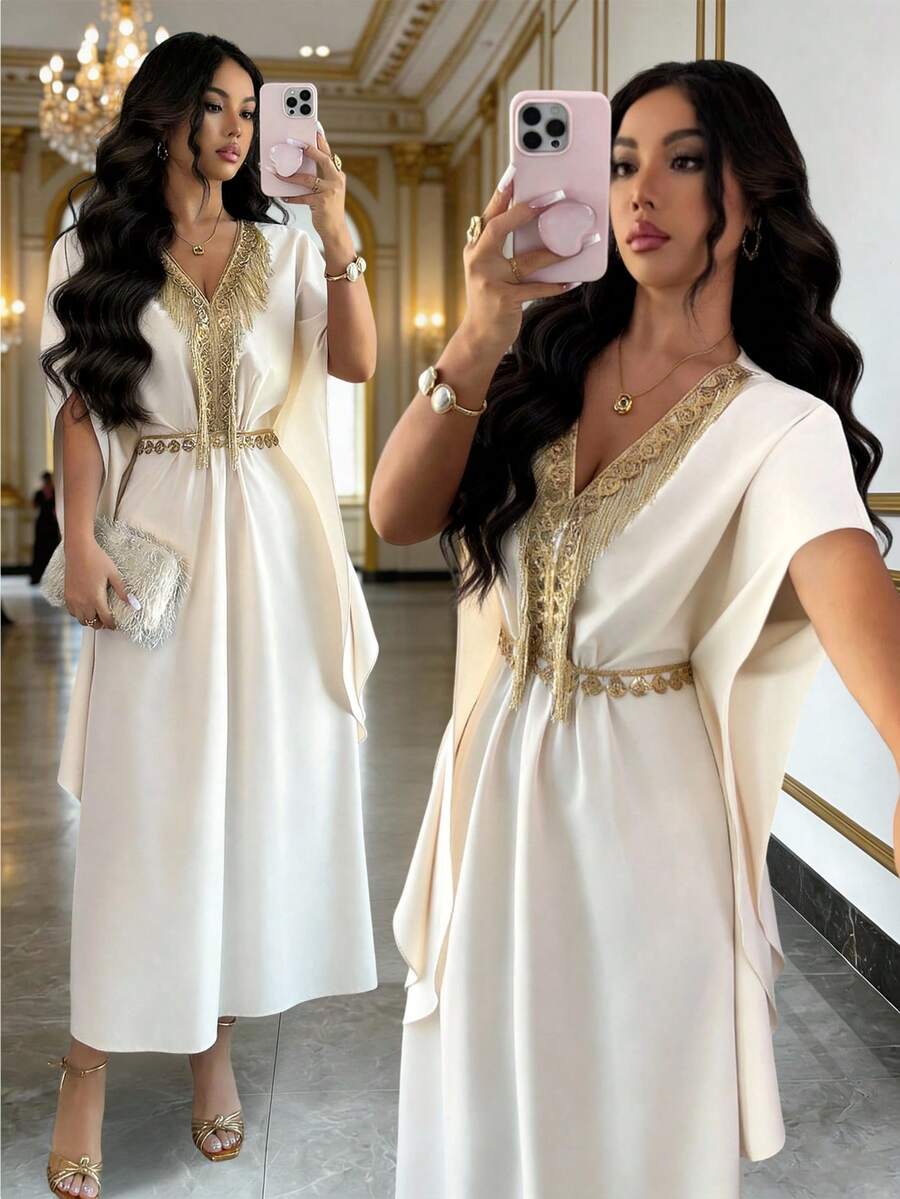 SHEIN Elenzya Women's Retro Elegant Floral Applique Round Neck Summer Dress - Apricot - View 1