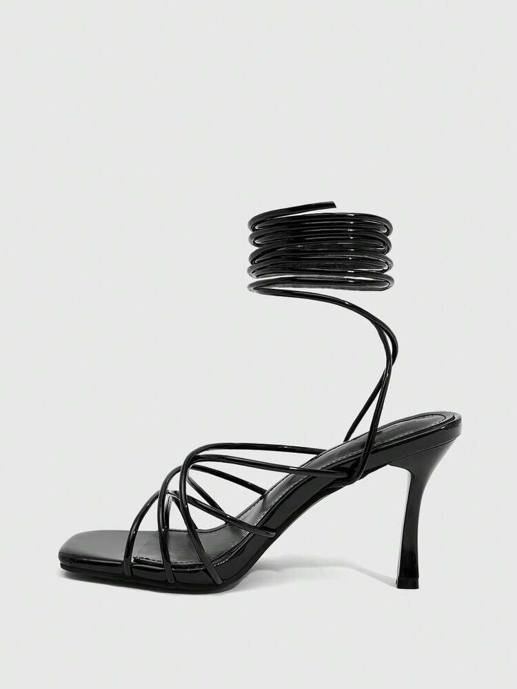 CUCCOO SZL Women's Square Toe Thin High Heel Black Strap Sandals, Sexy Fashion Party Dress Heels, Summer Ladies High Heel Sandals Prom Heels