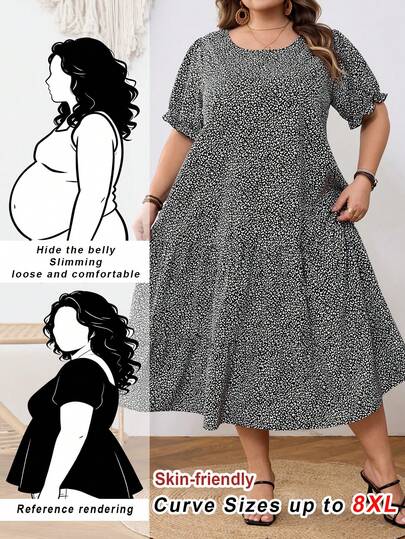 SHEIN CURVE+ Curve Size US22Music Festival, Seaside Vacation, Bohemia Women's Loose Long Black And White Leopard Print Print Dress