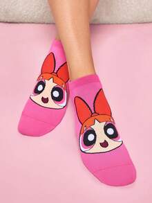 THE POWERPUFF GIRLS X SHEIN 3双装柔软透气吸湿休闲糖果色短袜，甜美图案，时尚可爱卡通粉色、蓝色和绿色女款短袜，加固趾部和脚跟，经久耐穿，四季皆宜，夏季和冬季百搭，印花图案，花朵、泡泡和毛茛 - 彩色 - 查看 7