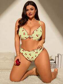 Swim Mod Plus Size Women 2pcs/Set Random Print Padded Tankini Swimwear Set - Light Yellow - View 5