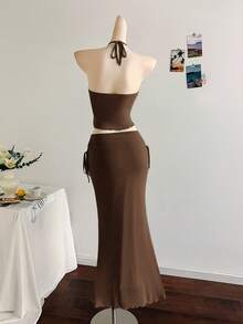 Soleia New Vacation Western Beach Wedding Guest Attire, Graduation Brunch, St. Patrick's Day, Spring Break, Easter, Music Festival Elegant Bohemian Tropical Strapless Sleeveless Blue Mesh Ruffle Hem Two Pieces Set - Coffee Brown - View 2