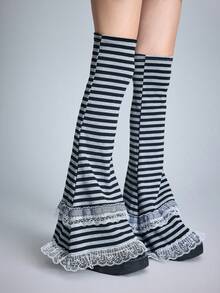 ROMWE 1双可爱风格的黑灰条纹针织牛角袜，Y2K小众设计双层蕾丝叠穿袜，不易起球，过膝长袜 - 黑與白 - 查看 3