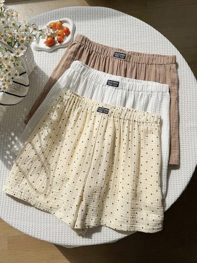 Solflare 3条装加大码女式休闲波点印花宽松柔软棉混纺短裤，适合户外、日常、派对、通勤、音乐节、返校、度假、街头风、居家休闲、咖啡馆漫步、城市闲逛等场合，咖啡色、杏色可选。