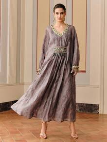 Anewsta Women's New Loose Elegant Luxury Beaded Sequin Maxi A-Line Wedding Dress - Dusty Purple - View 3