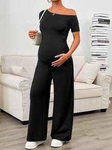 SHEIN 2pcs Maternity Solid Color Asymmetrical Shoulder Short Sleeve T-Shirt And Adjustable Waist Pants Casual Outfit - Black - View 4