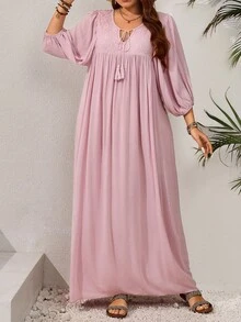 SHEIN CURVE+ Plus Size Solid Long Sleeve Casual Dress, Simple & Fashionable For Everyday Wear,Beach Dress Sundress,Holiday Outfits Boho - Pink - View 3