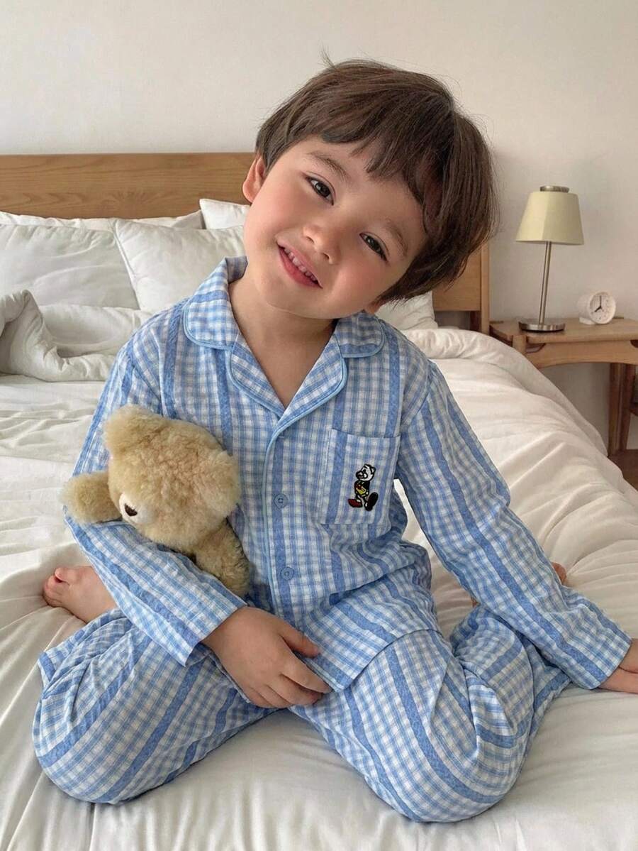 Hapijoa 男童格子卡通图案单排扣长袖上衣和裤子休闲家居服睡衣套装 - 藍色 - 查看 1