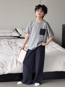 Dazy Kids Tween Boy Plaid Short Sleeve Top And Pants Pajama Set - Grey - View 6