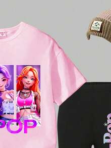 一套年轻女孩休闲时尚3D卡通K-POP女孩字母印花短袖T恤和打底裤套装，春夏款 - 粉色 - 查看 4