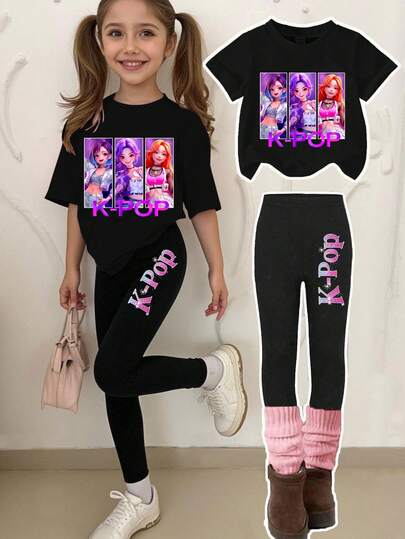 1 Set Conjunto informal y de moda para niñas jóvenes con camiseta de manga corta con estampado de letra de chica K-POP 3D y leggings, para primavera a verano