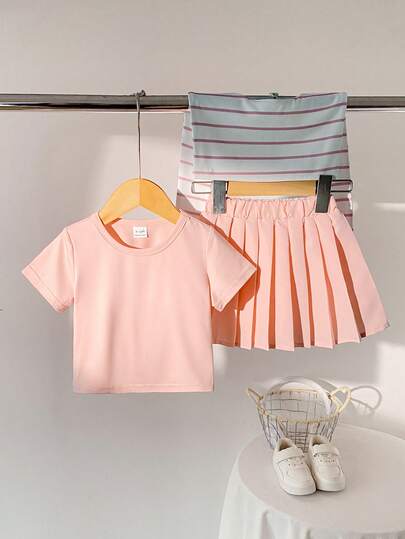 SHEIN Playful Pals 3pcs/Set Baby Girls' Summer Casual T-Shirt, Striped Versatile Raincoat, And Matching Pleated Skirt, Fashionable And Comfortable Daily Casual Street Style Outfit, Baby Girls' Summer Set, Girls' Outfit