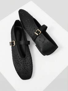MOTF PREMIUM WOMEN'S COMMUTING CASUAL COMFORTABLE VERSATILE MARY JANE SQUARE TOE DIAMOND FLAT SHOES FOR CHRISTMAS - Black satin - View 4