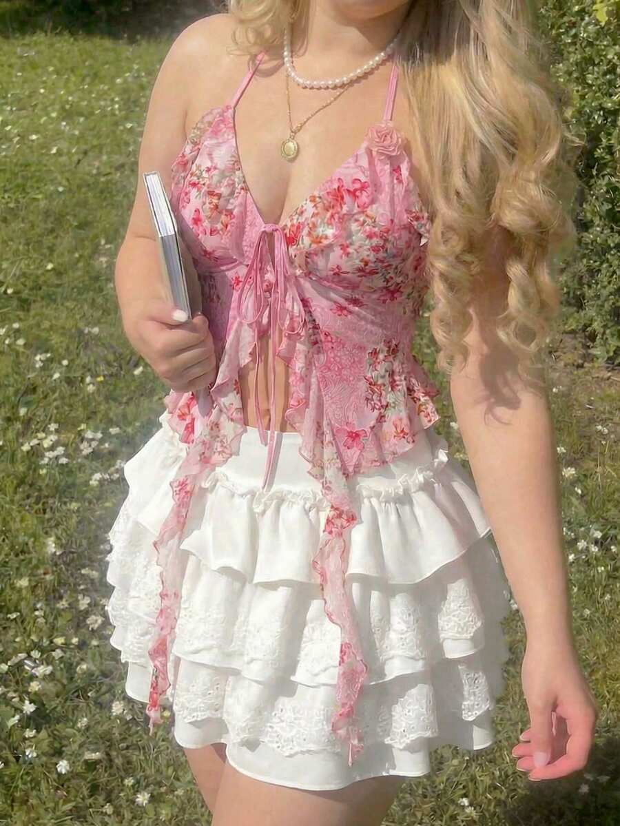 SHEIN MOD Áo quây hở lưng, họa tiết hoa, viền bèo nhún, cỡ lớn