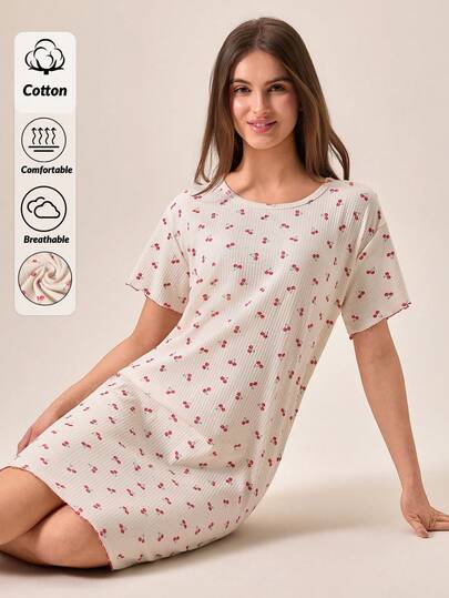 Loomlin Cotton Rib Knit Multicolour Cherry Pattern Round Neck Short Sleeved Long Contrast Colour Stitch Detail Homewear Comfort Casual Nightgown Homewear Women Sleep Dress