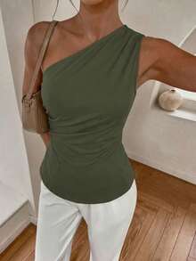 Blusa Casual Asimetrica con Hombro Descubierto Abertura Lateral y Plisado - Verde militar - Ver 3