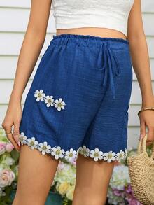 SHEIN Casual Loose Drawstring Ruffle Trim Maternity Shorts - Blue - View 5