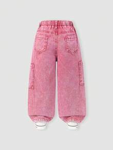 SHEIN 1件装 2026春夏新款休闲酷炫个性校园度假街头风粉色多色刺绣牛仔阔腿裤 女童弹力腰宽松直筒大口袋哈伦裤 春夏百搭品牌工装裤 - 粉色 - 查看 2