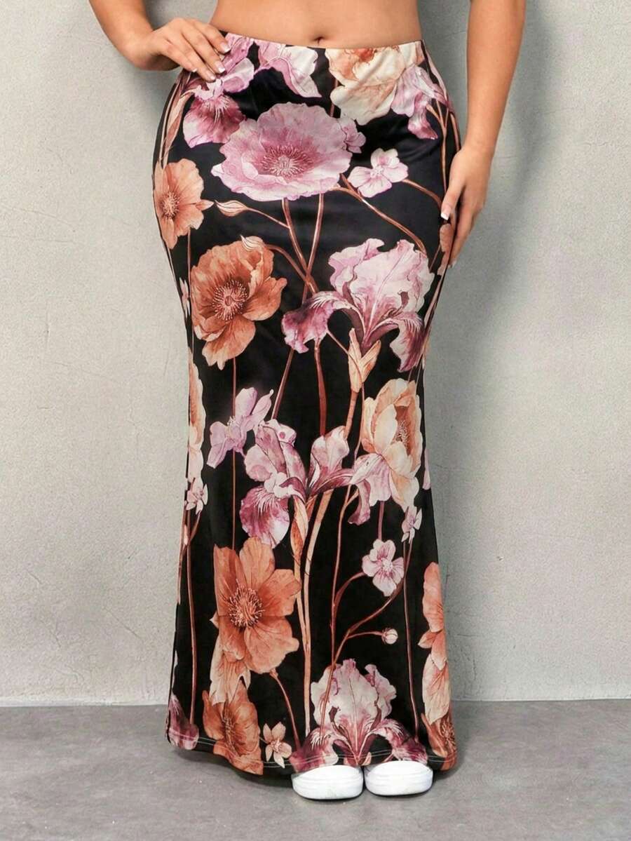 SHEIN SXY 大码女式印花休闲百搭约会外出A字裙 - 彩色 - 查看 1