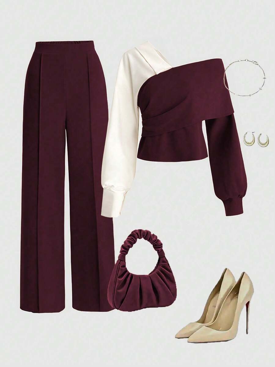 Franclia 2pcs/Set V-Neck Contrast Color Patchwork Top And Straight Leg Pants, Casual Autumn/Winter - Burgundy - View 1