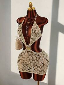 Amplova 女士露背吊带针织披肩，饰有贝壳，性感前卫，适合度假装扮，可爱复古迷你连衣裙披肩 - 杏色 - 查看 6