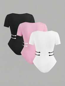 SHEIN EZwear 3件套加大码休闲简约方领短袖连体衣，适合春夏穿着 - 彩色 - 查看 2