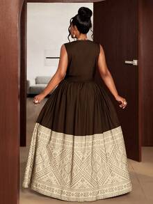 Maweii Plus Size Summer Elegant Colorblock Geometric Print Sleeveless Dress - Apricot - View 3