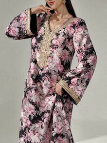 Al Najma Vestido de manga larga con estampado floral, patchwork de ganchillo, vestido elegante y modesto de línea A tipo kaftan y jalabiya, para fiesta de noche/invitada de boda/aniversario/uso diario - Negro - Ver 7
